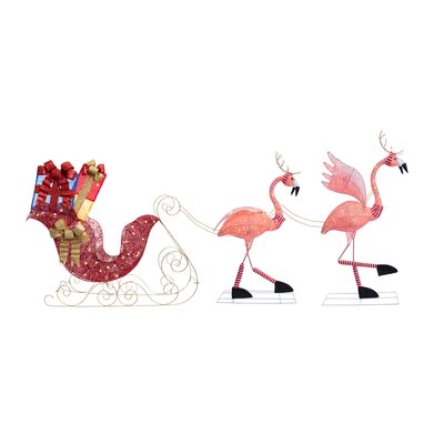 Flamingo Reindeer with Sleigh Lighted Display