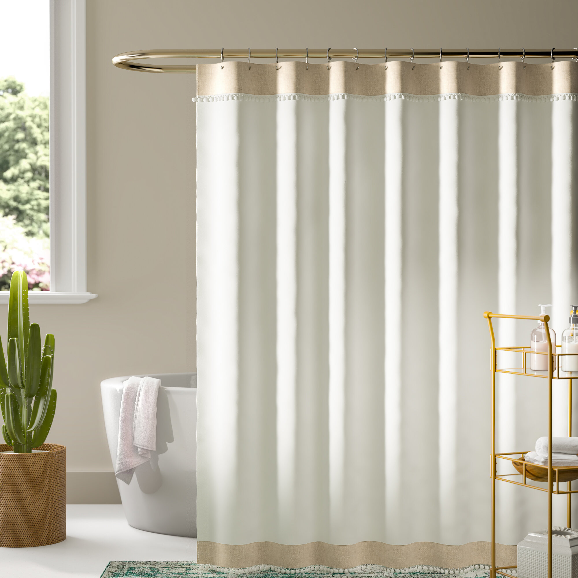 tan and white shower curtain