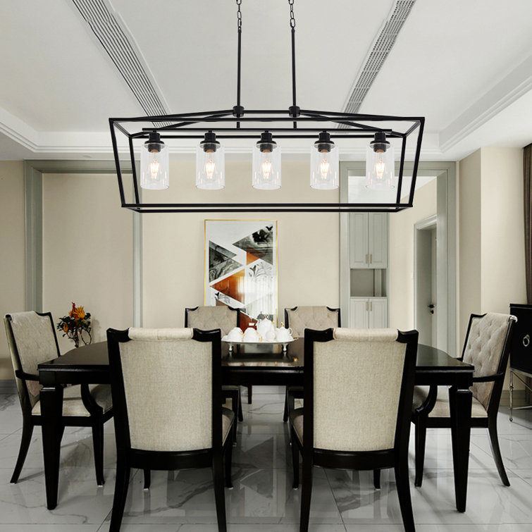 5-Light Kitchen Island Lantern Pendant Lighting In Brass With Clear Glass  Shade