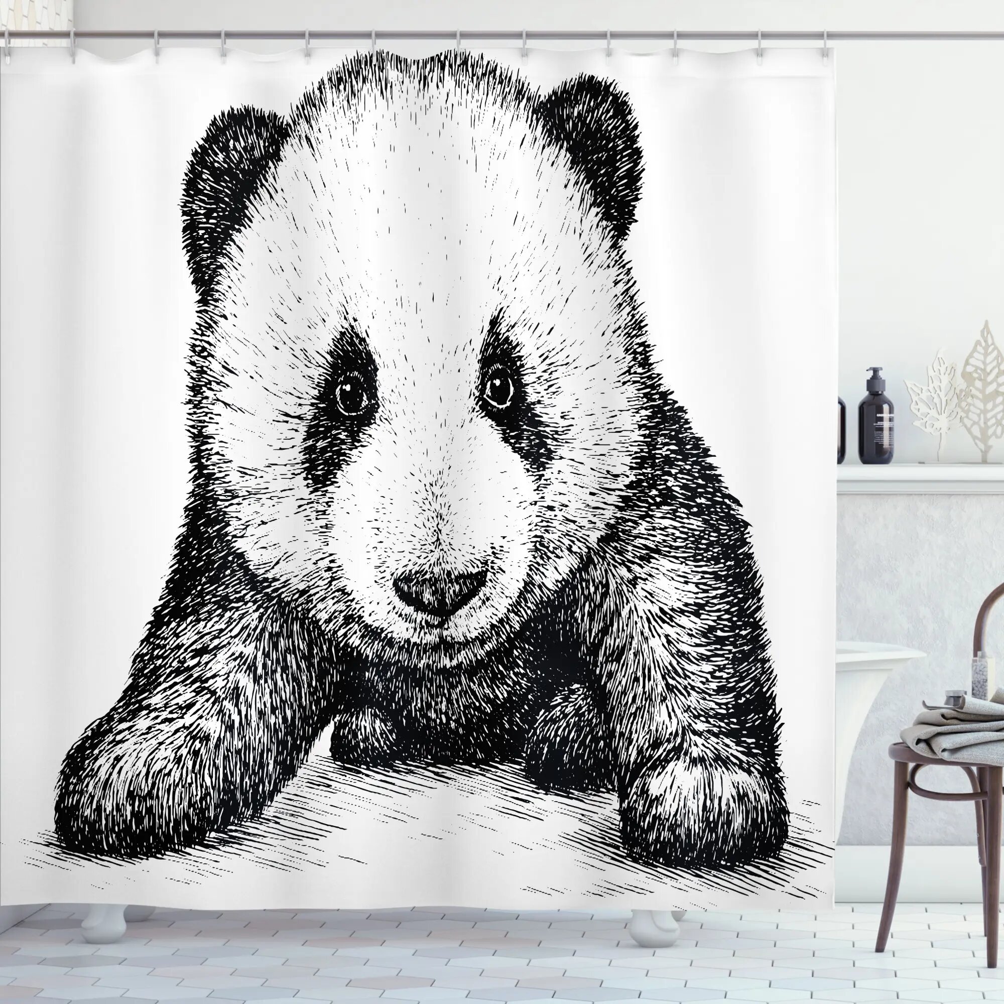 Cute Panda Animal Water Repellent Bathroom Shower Curtain Liner with 12 Hooks 