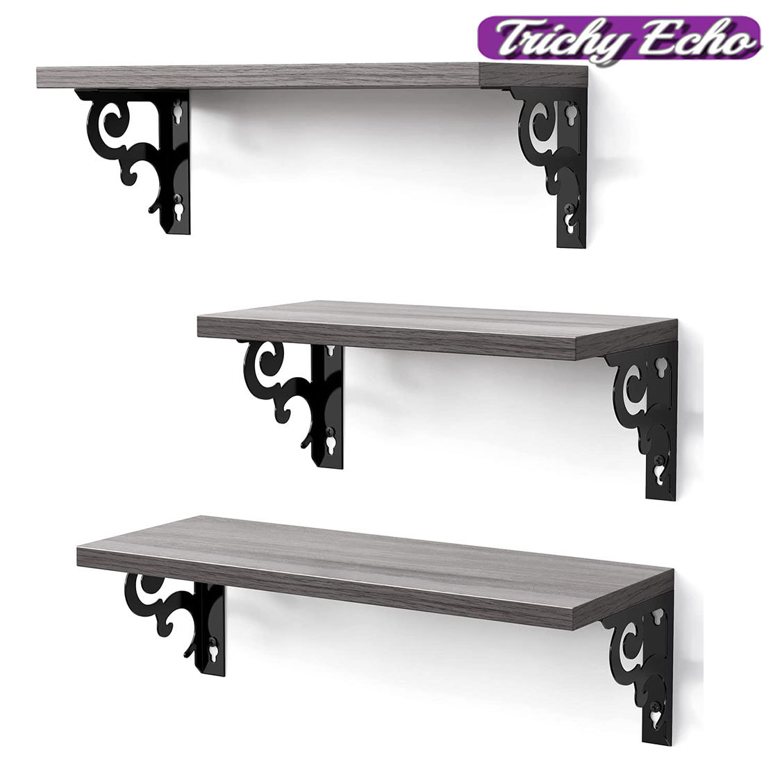 Trichy Echo Floating Shelves, Grey Wall Shelves For Bedroom, Bathroom
