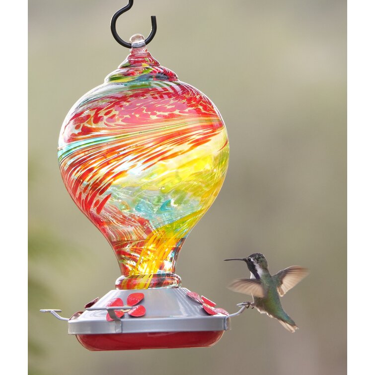 Hummingbird Feeder for Outdoors Patio 29 Ounces Colorful Hand Blown Glass 