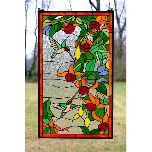 World Menagerie Hummingbirds and Flower Stained Glass Window Panel