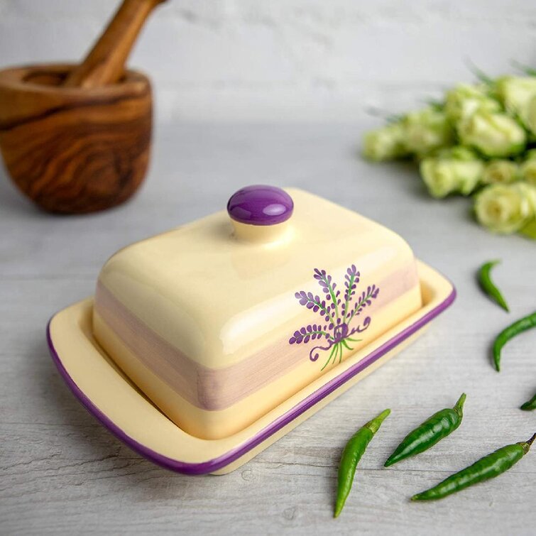 8 oz Shino French Butter Dish with yellow and purple flowers