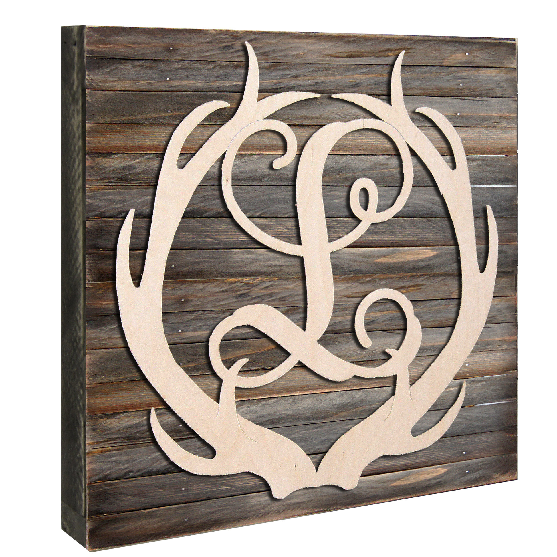 Union Rustic Personalized Letter Antler Mounted on Rustic Wood Board