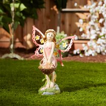 LARGE pink 18" Fairy dragon princess LED flower garden statue light SOLAR lamp 