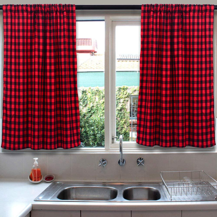 Plaid Tailored 72'' Cafe Curtain in Red,Black