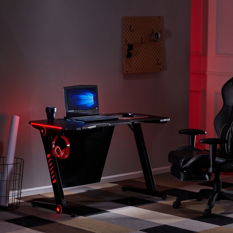 Ergonomic Gaming Desk Racing w/LED Light Z-Shaped Home Computer Table Black 47''