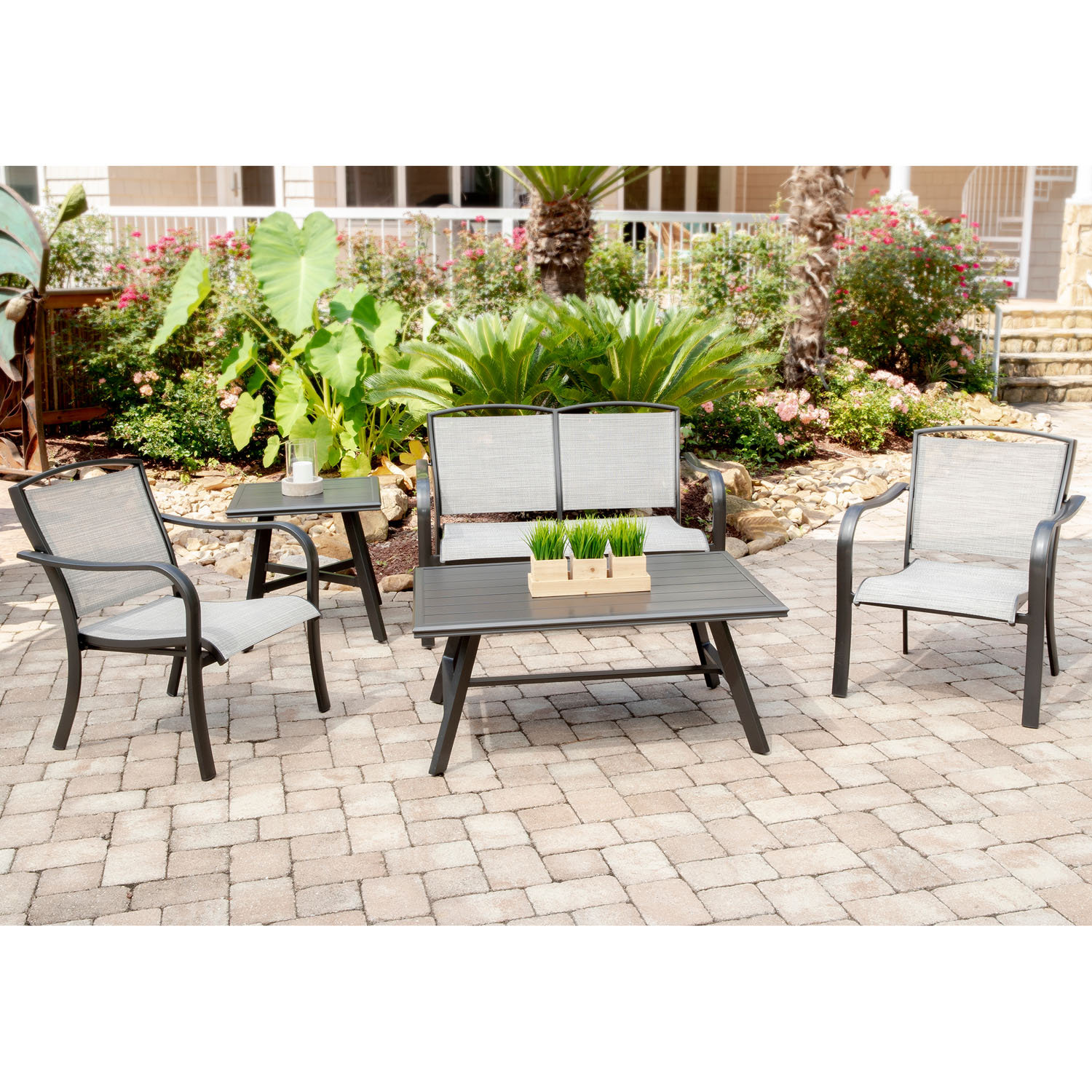 Charlton Home Wrenn 5 Piece Commercial Grade Patio Seating Set With 2 Sling Chairs Sling Loveseat Slat Coffee Table And 22 Side Table Wayfair