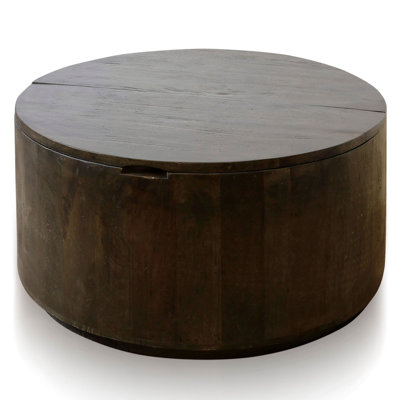 Lafe Wood - Solid Mango Wood Round Cocktail Coffee Table With Hinged Lid For Storage - 30In W X 17In Ht X 30In D