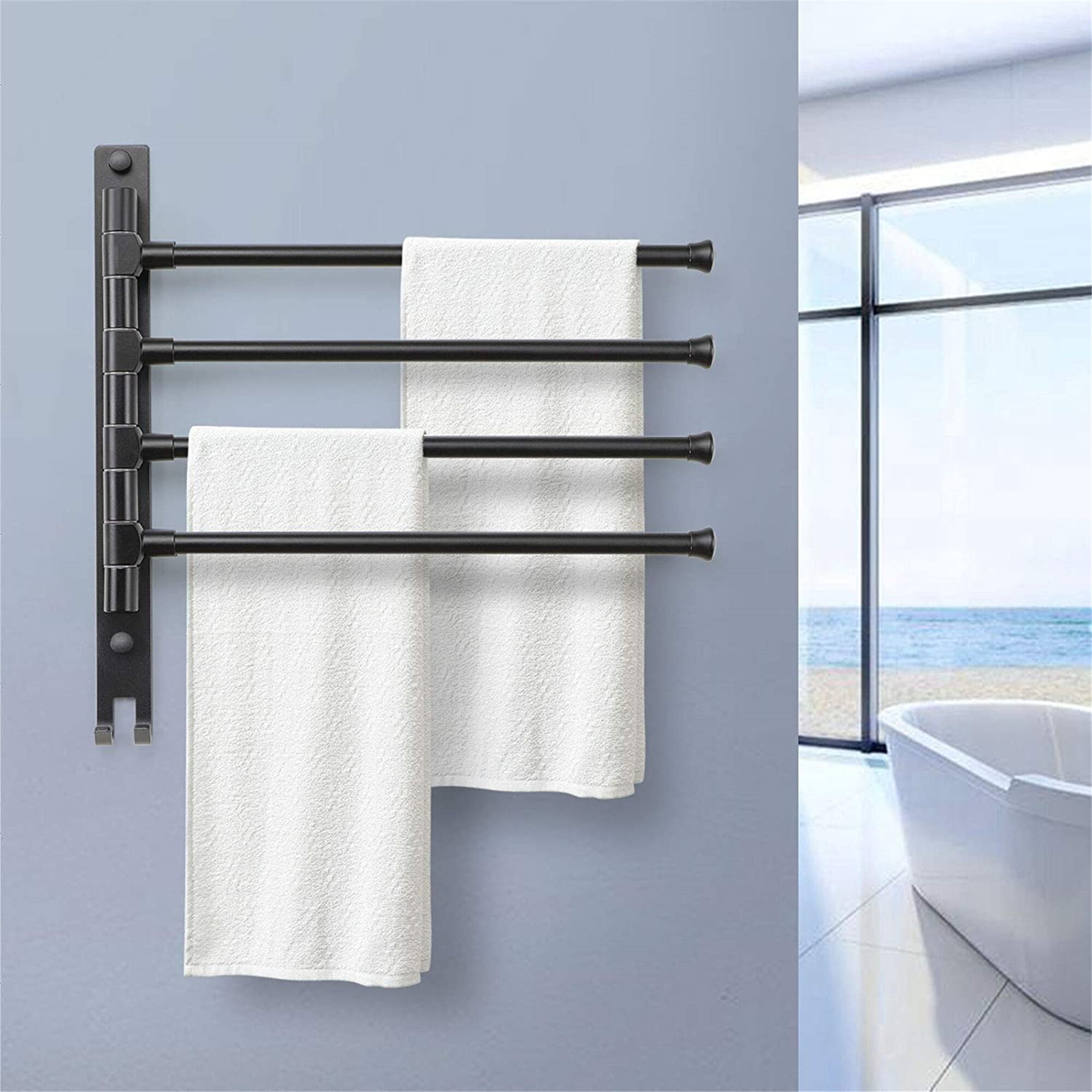 Wall Mounted Swing Towel Bar Arm Bathroom/Kitchen Swivel Towel Rack Folding Space Saver Towel Rail for Bathroom Hotel Balcony Etc,Black,2 Bars
