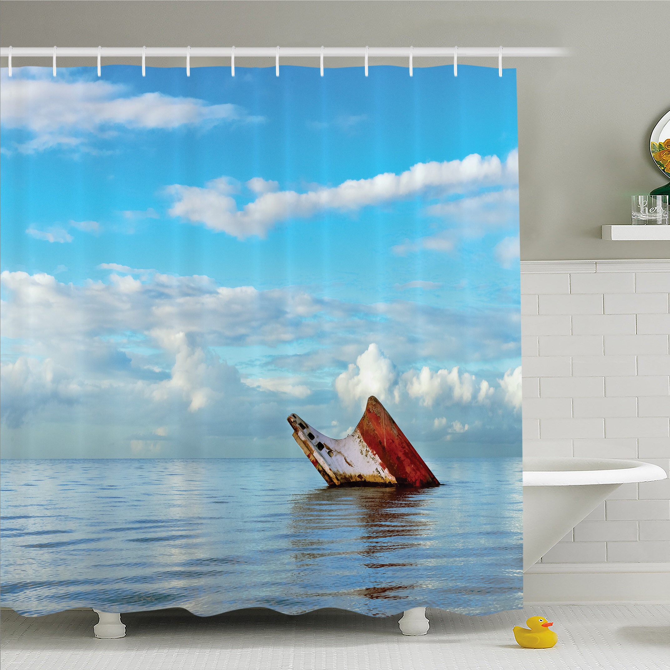 Ocean Sunken Ship On Surface Of Freshening Sea View With Cloudy Weather Nobody Print Shower Curtain Set