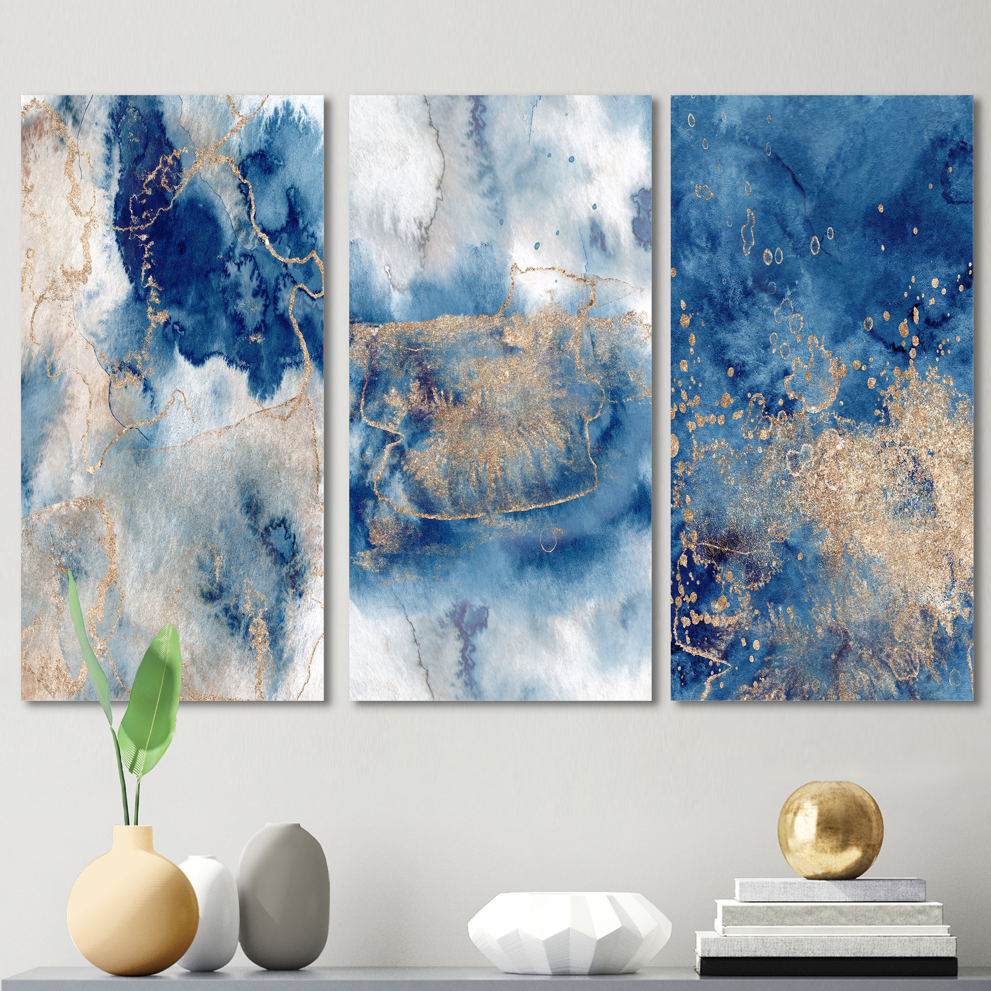 DesignArt Blue And Gold Marble Clouds III - Modern Art Set Of 3 Pieces ...