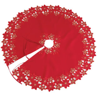 Festive Poinsettia Embroidered Cutwork Holiday Tree Skirt Festive Poinsettia Embroidered Cutwork Holiday Tree Skirt