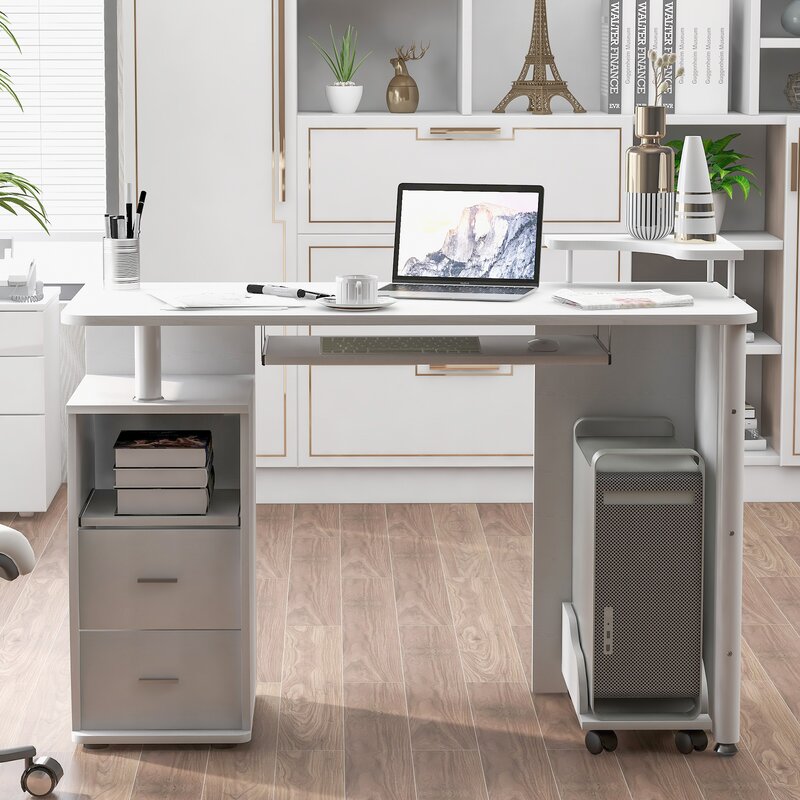 Inbox Zero Table De Bureau D Ordinateur Avec Plateau A Clavier Et Tiroirs Blanc Wayfair Ca