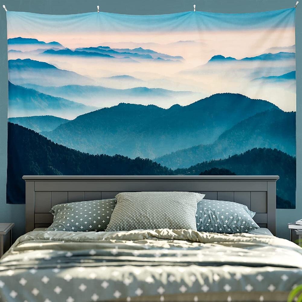 Funeon Snow Mountain Tapestry Wall Hanging Cool Sun Tapestry Nature Forest Tapestry for Bedroom Teen Girls Small Cute Landscape Blue White Orange Tapestry for Wall Indie Room Decor Aesthetic 59x59inch