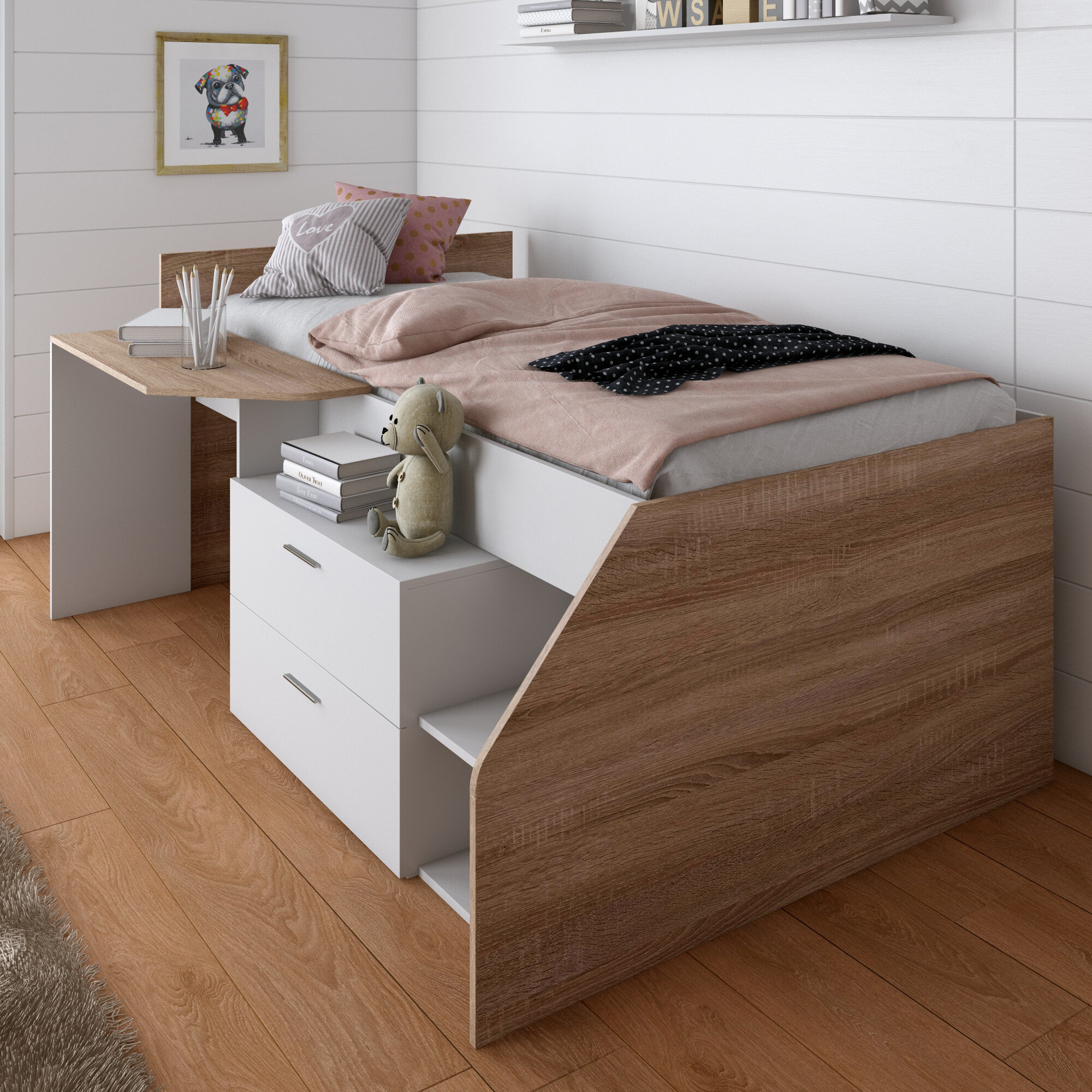 a bed that has a desk