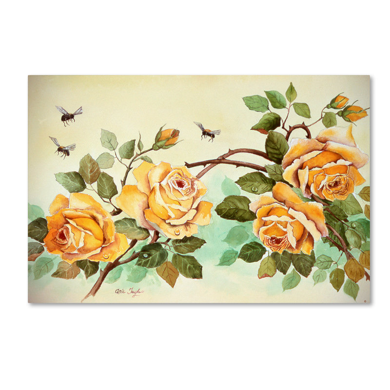 Trademark Art Yellow Roses With Bees Oil Painting Print On