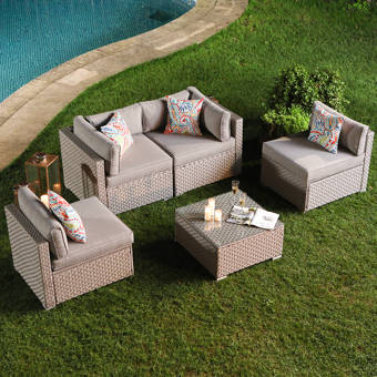 Wrought Studio Huyett 5 Piece Outdoor Furniture Set Warm Gray Wicker Sectional Sofa W Thick Cushions Glass Coffee Table 4 Floral Fantasy Pillows Reviews Wayfair