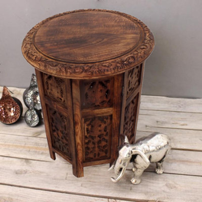 Jolene 18 Inch Mango Wood Folding Accent Table, Hand Carved, Walnut Brown