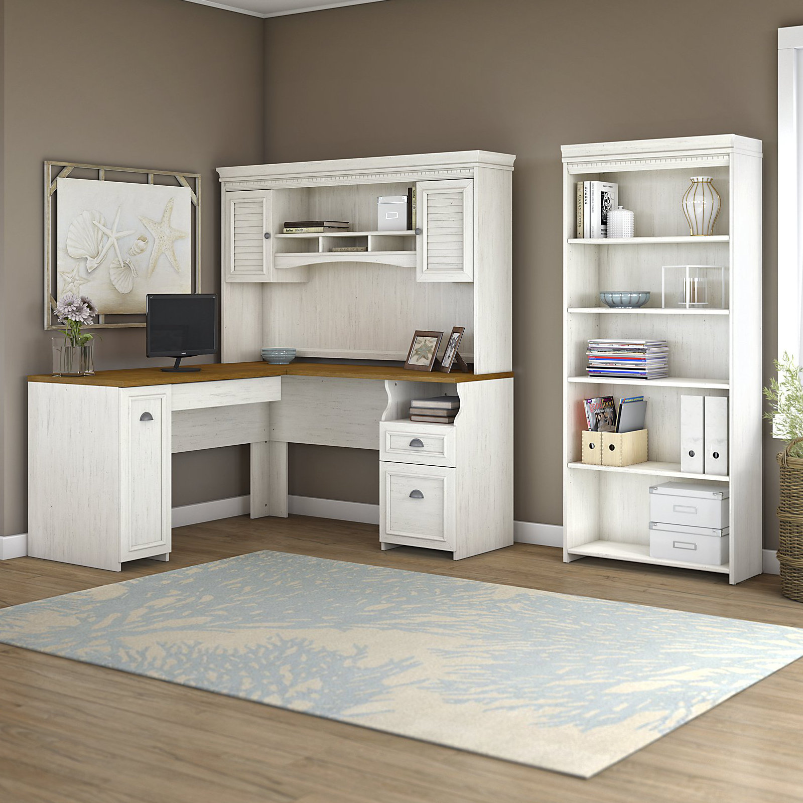 Fairview LShaped Executive Desk with Hutch and 5 Shelf Bookcase