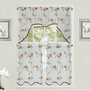 Drooks Floral Embroidered Semi Sheer Kitchen Curtain