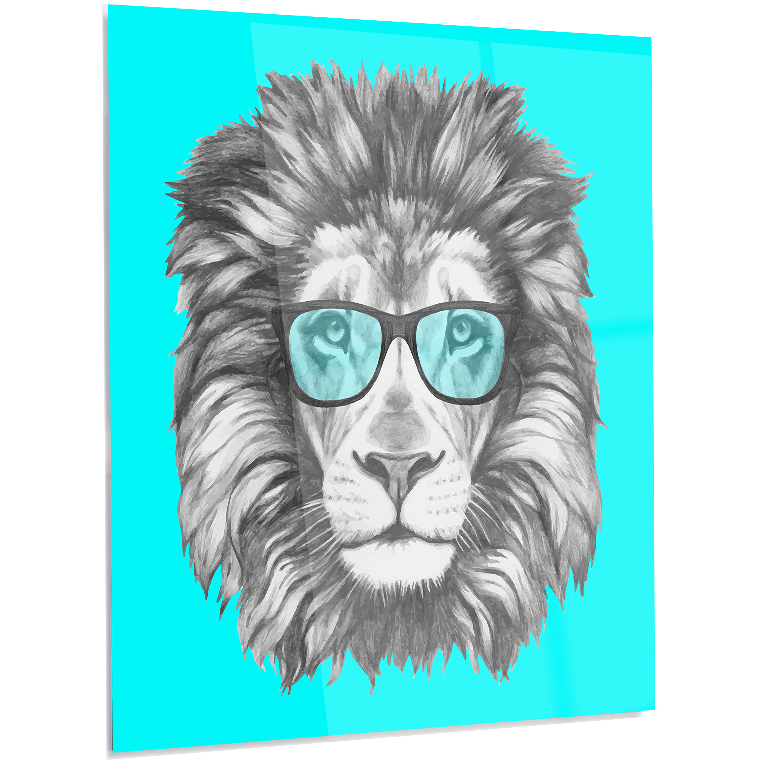 Ebern Designs Funny Lion With Blue Glasses - Unframed Graphic Art on Metal  | Wayfair