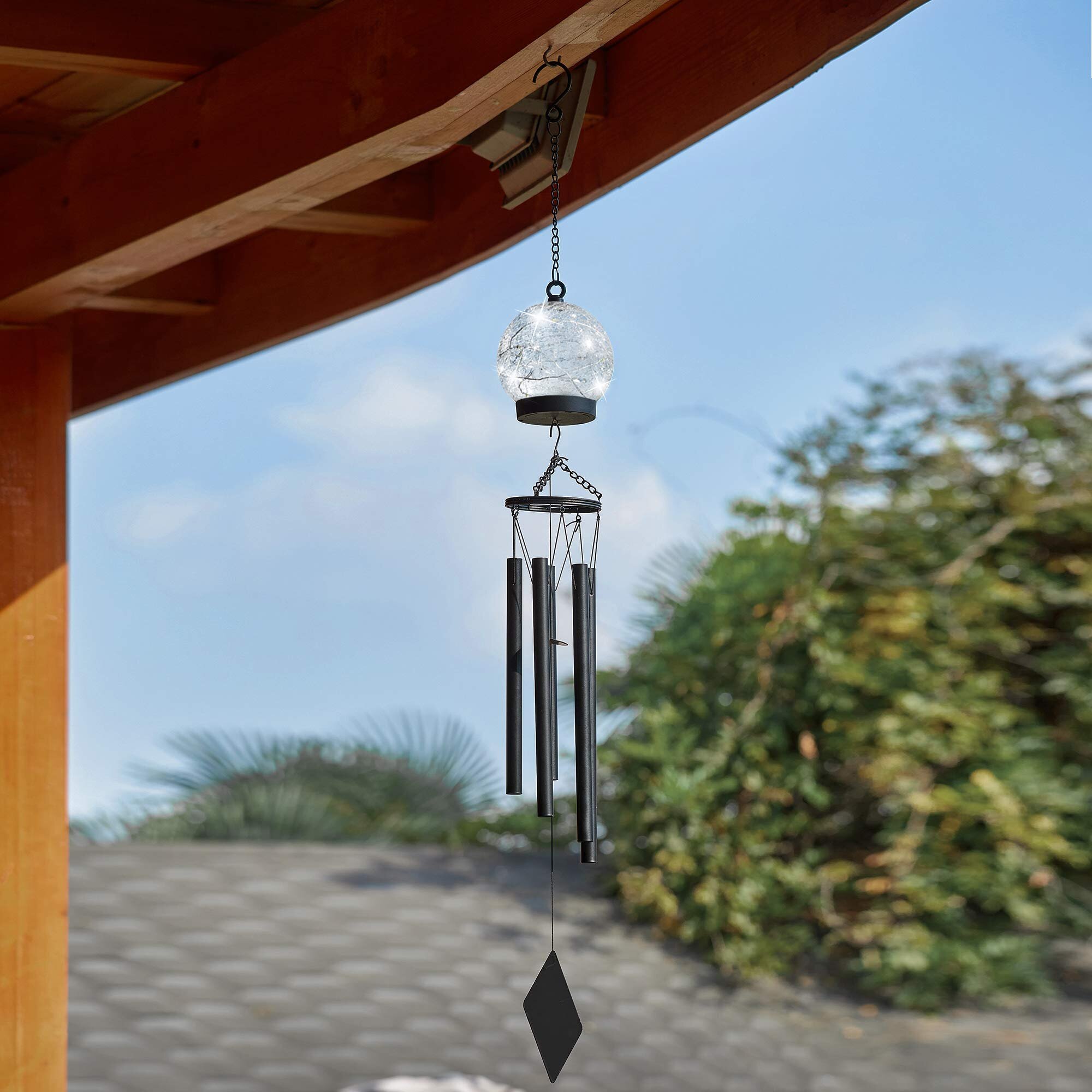 Landscape Yard Wind Chimes Outdoor Solar Lights 42 Inch Large Sympathy Chime 15 LED Twinkle Warm White Crackled Glass Sphere Ball Hanging Lantern Birthday Gifts for Decorative in Garden Patio 