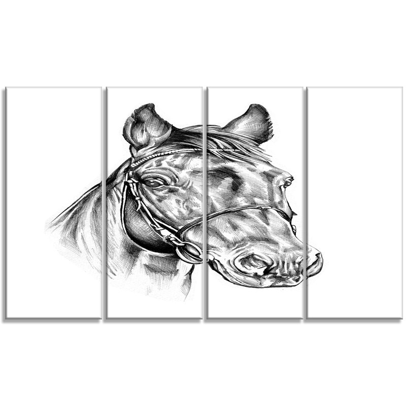 Designart Freehand Horse Head Pencil Drawing 4 Piece Painting