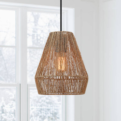 Yingst Bohemian Natural Jute Rope Island Mini Pendant Light With Black Hardware