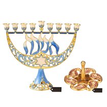 Matashi Hand Painted Blue and Ivory Regal Lion Menorah Candelabra Embellished with Gold Accents and Crystals Jewish Candle Holder Hanukkah Gift for Housewarming Showpiece for Living Room 