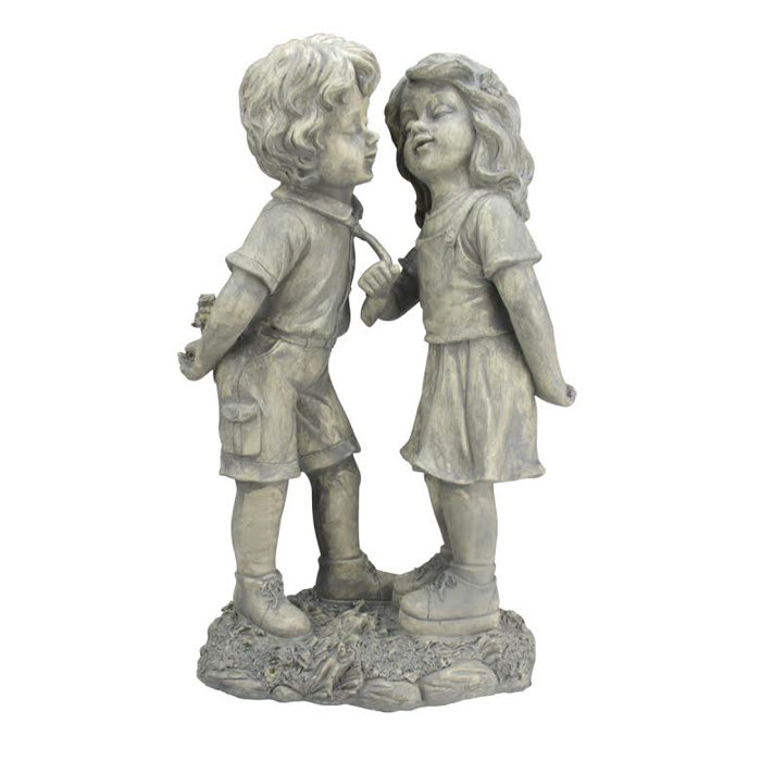 Little Boy Girl Sitting On Bench First Kiss Puppy Love Garden