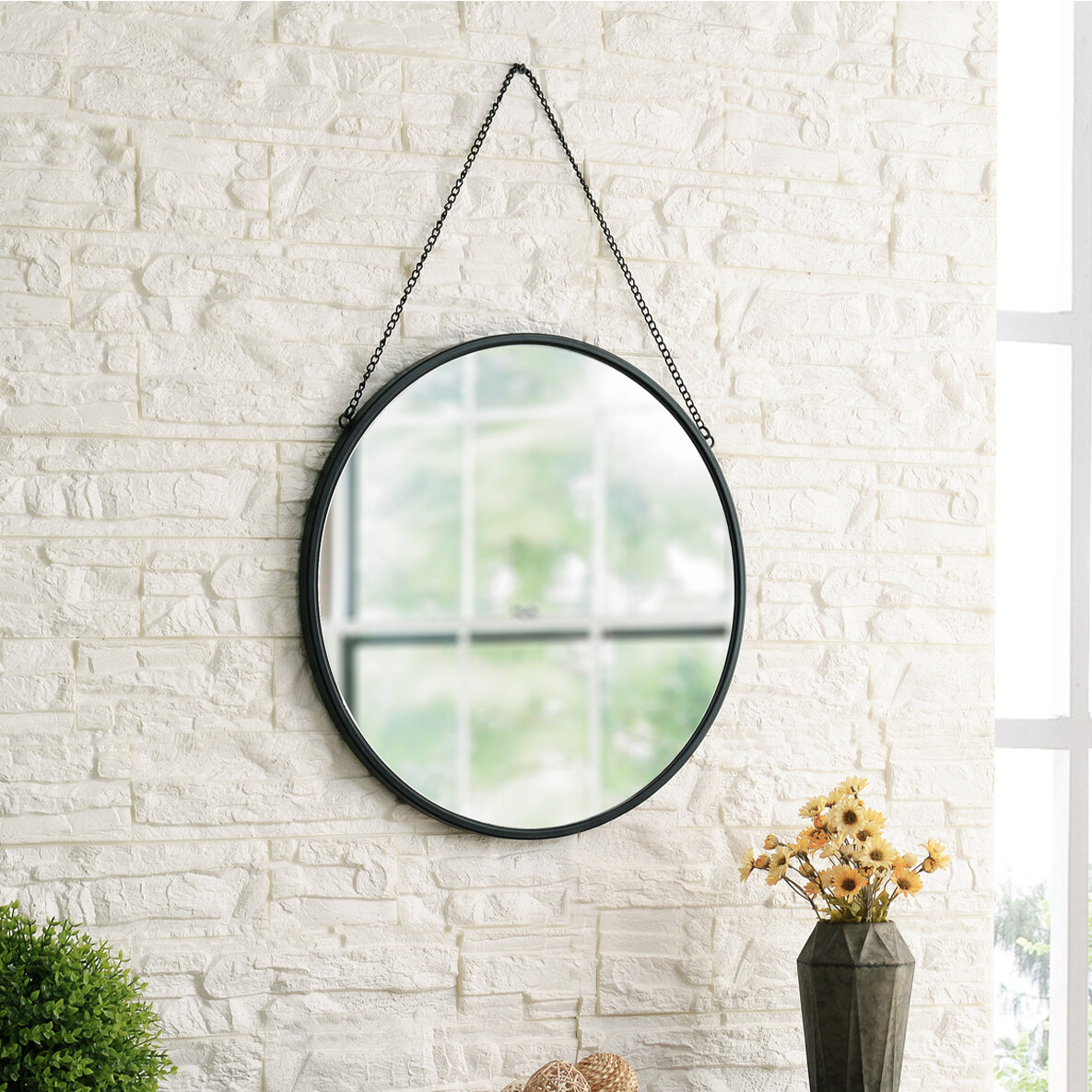 Gracie Oaks Round Mirror Circle Wall Hanging Mirror 20 Inch Black Metal Frame With Hanging Chain Vanity Mirror For Bathroom Bedroom Living Room Entryway Wayfair Ca