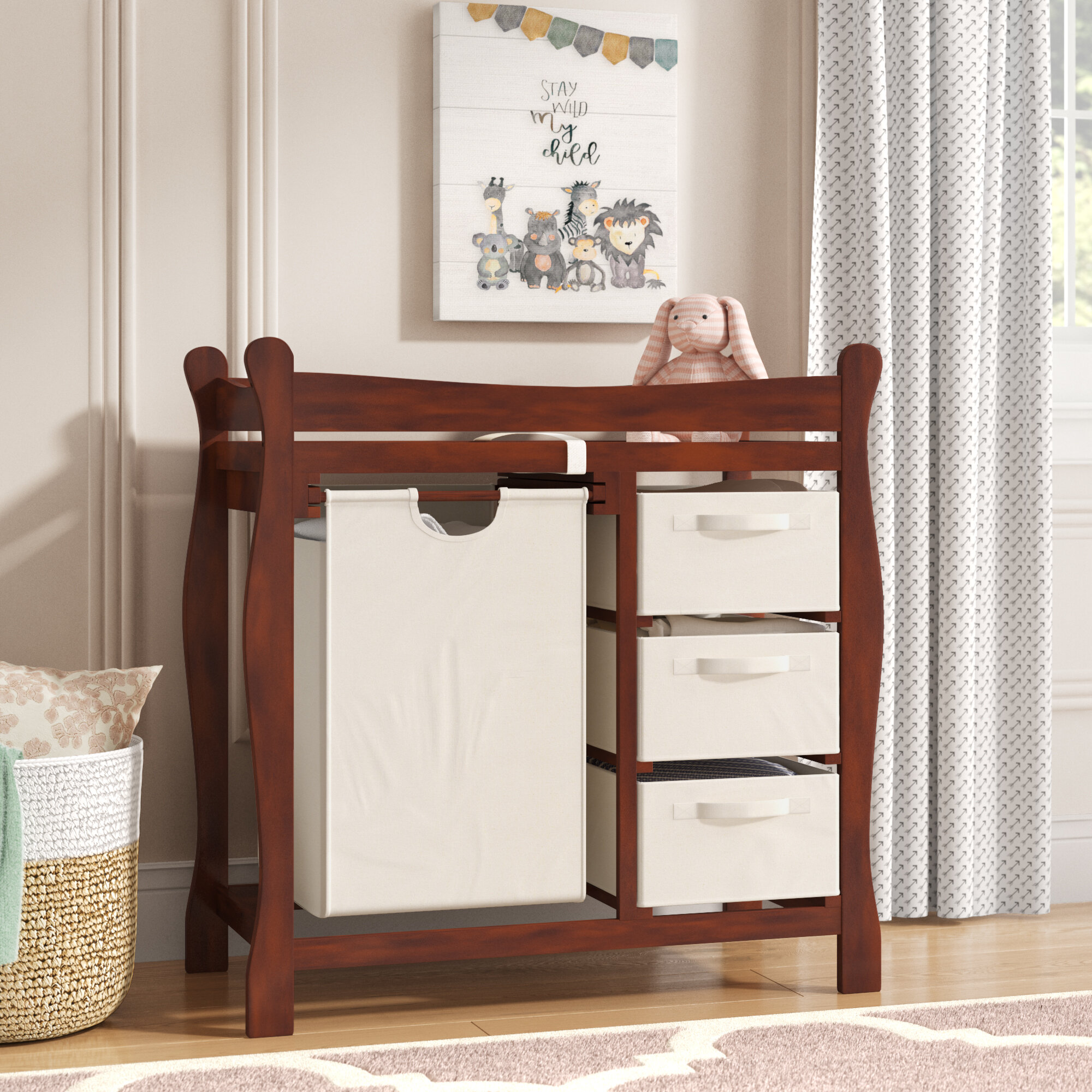 Harriet Bee Alexander Sleigh Style Baby Changing Table With 3 Baskets And Hamper Reviews Wayfair