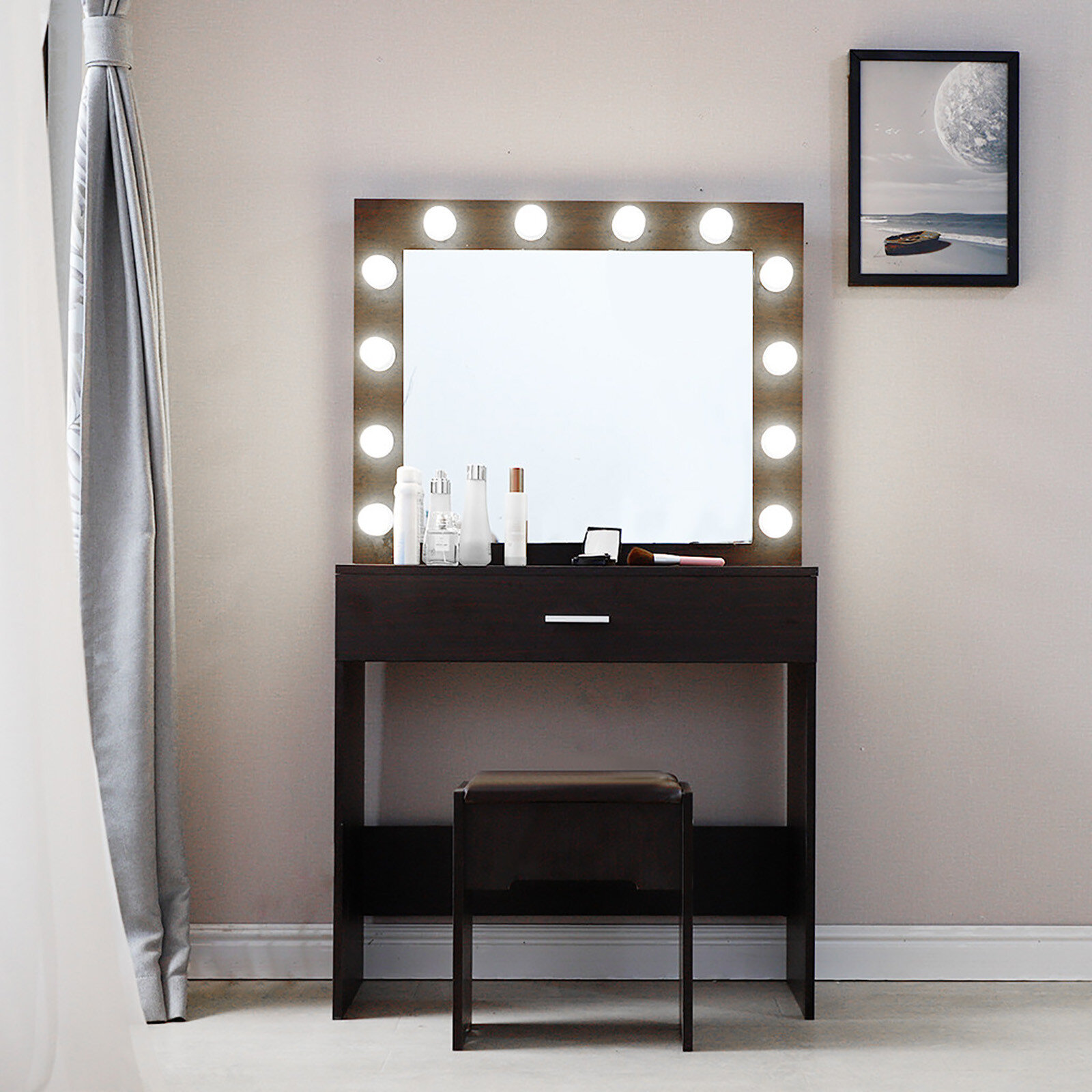Vanity Set With Lighted Mirror Cushioned Stool Dressing Table Makeup Table US