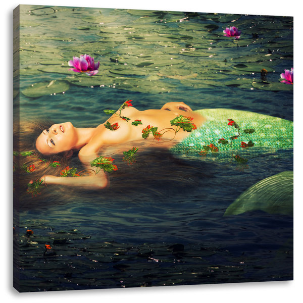 East Urban Home Beautiful Mermaid Lying In The Water Graphic Art