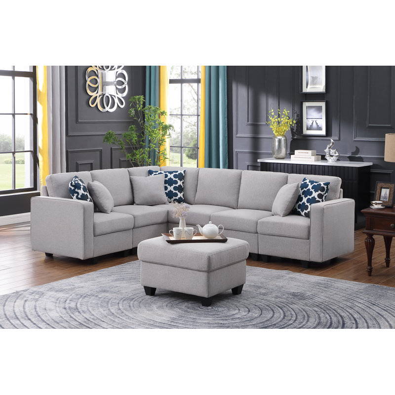 Ebern Designs Soline Linen Reversible Modular Sofa with Ottoman | Wayfair