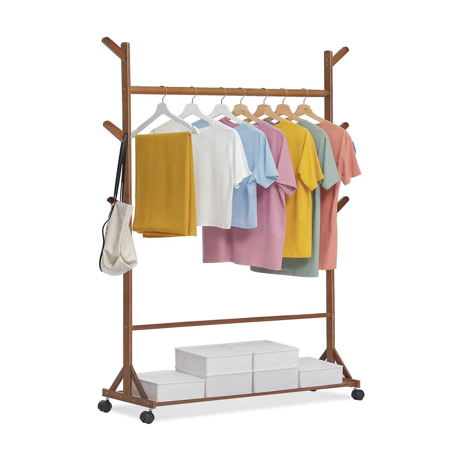 MoNiBloom Sliding Hanging Rod Coat Stand Bamboo Coat Rack, Wheeled