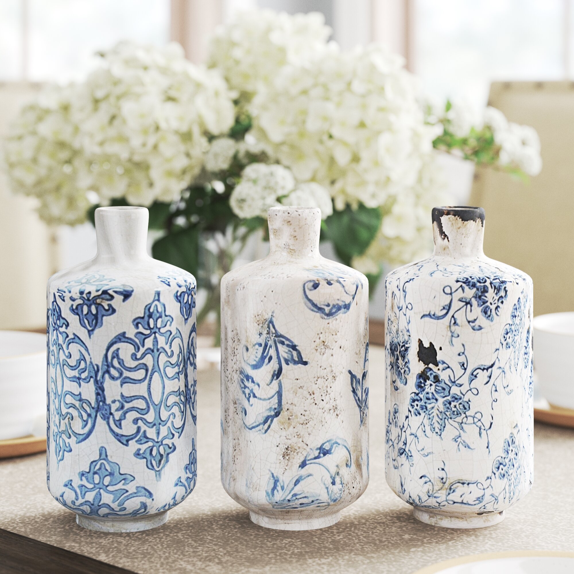 Set of 3 Vases Amphora Ceramic Vase Porcelain White Urn Modern 3 Included 