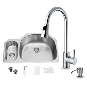 VIGO 32 inch Undermount 80/20 Double Bowl 18 Gauge Stainless Steel Kitchen Sink with Weston Chrome Faucet, Grid, Two Strai...