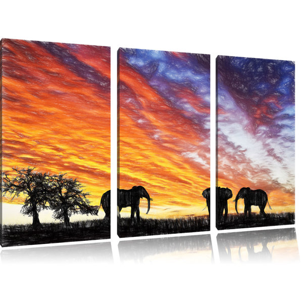 World Menagerie 3-tlg. Leinwandbilder-Set „Elefanten in der afrikanischen  Wüste bei Sonnenuntergang