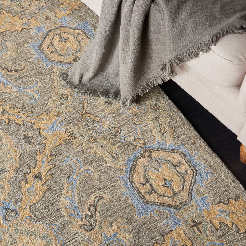 Alcott Hill Minton Floral Hand Hooked Wool Taupe Blue Rug Wayfair