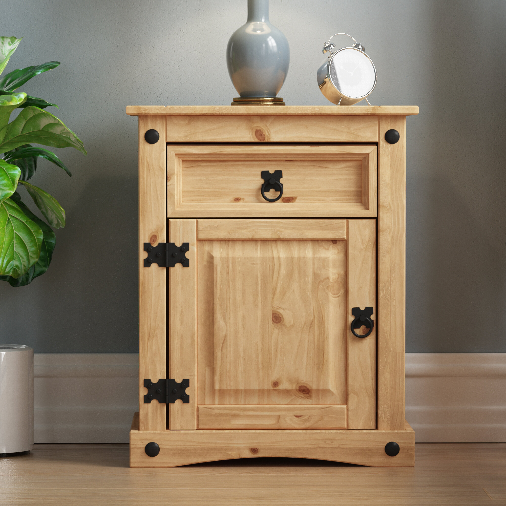 Home Source White Corona Solid Pine Bedside Cabinet 1 Door 1 Drawer Night Stand Table Waxed