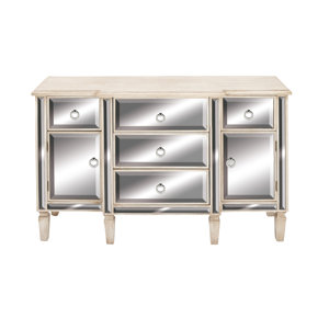 2 Door 5 Drawer Wood Mirror Accent Cabinet