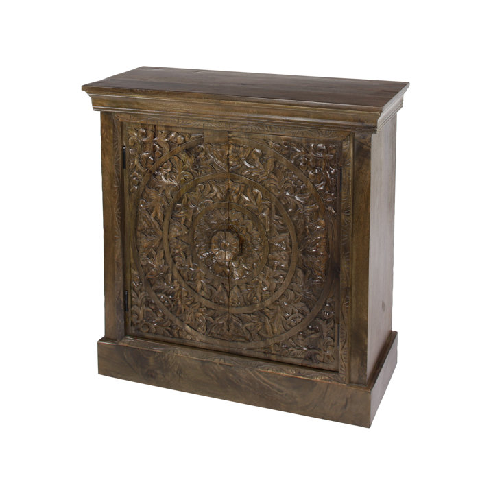 World Menagerie Chaska Small Hand Carved Square Wood 2 Door Accent