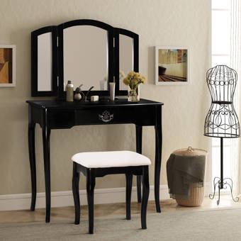 Canora Grey Synder Make Up Dressing Solid Wood Vanity Set With Stool And Mirror Wayfair