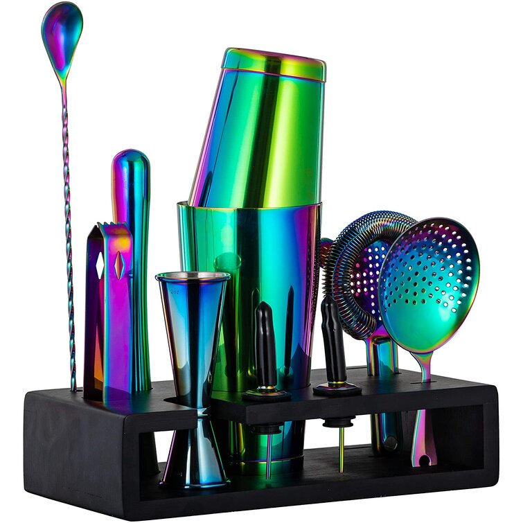 Roomguide 15-Piece Rainbow Cocktail Bar Set With Stand: Weighted Boston Cocktail Shakers, Strainers, Double Muddler & Spoon, Ice Tong & 2 Liquor Pourers- Essential Mixology Bartender Kit | Wayfair