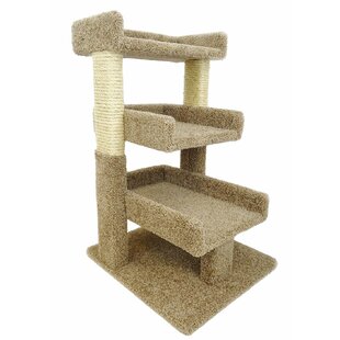 cat tree with food and water bowl