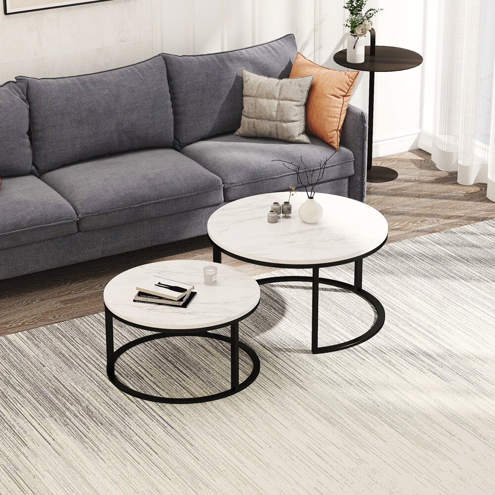 Ivy Bronx Modern Urban Minimalist Round Nesting Coffee Table Set With Faux Marble Laminate Top Black Powder Coated Metal Frames 2 Piece Wayfair