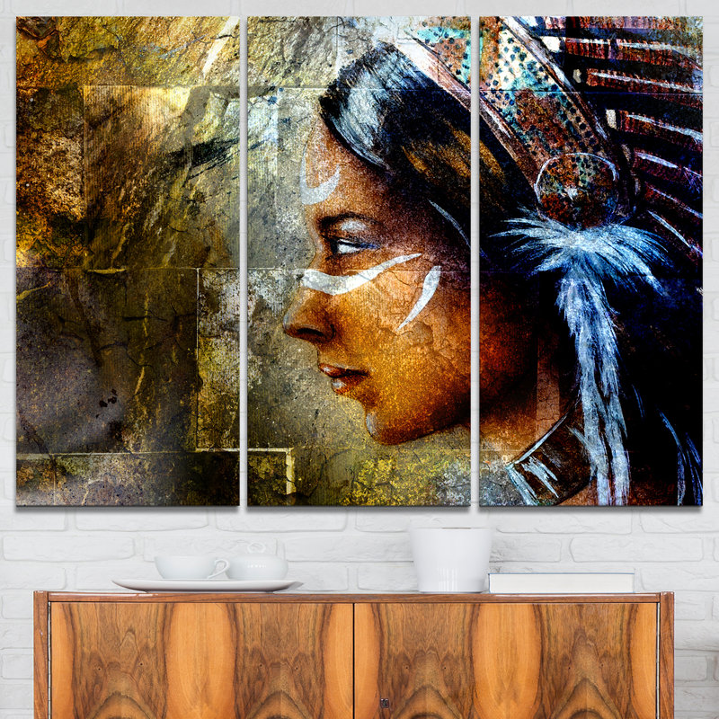 Designart Indian Woman With Headdress 3 Piece Graphic Art On